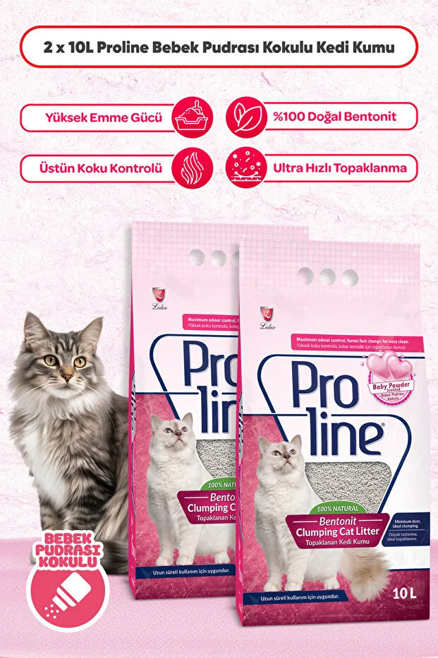 Proline Proline Bebek Pudrası Kokulu Ince Tane Topaklanan Kedi Kumu 10 Lt X 2 Adet